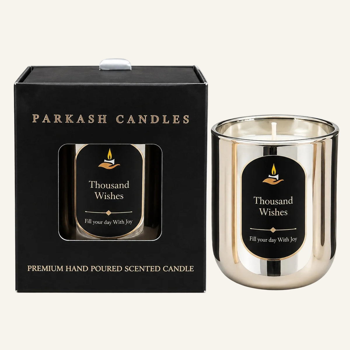 Parkash Candles 'Thousand Wishes' scented candle shown next to its black packaging box on a white background.