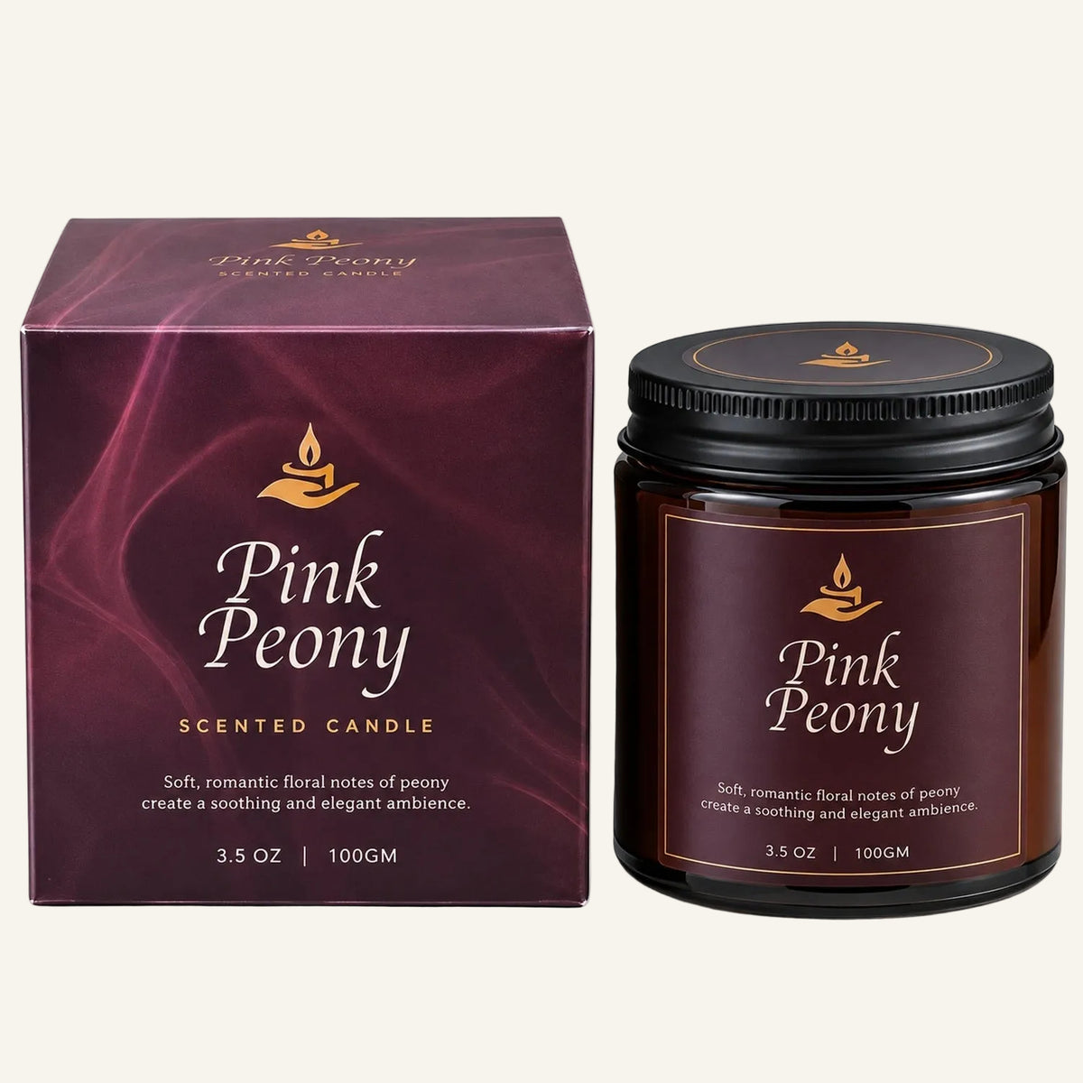Pink Peony scented candle in a dark amber glass jar with a black lid, shown next to its matching dark purple box packaging on a white background.